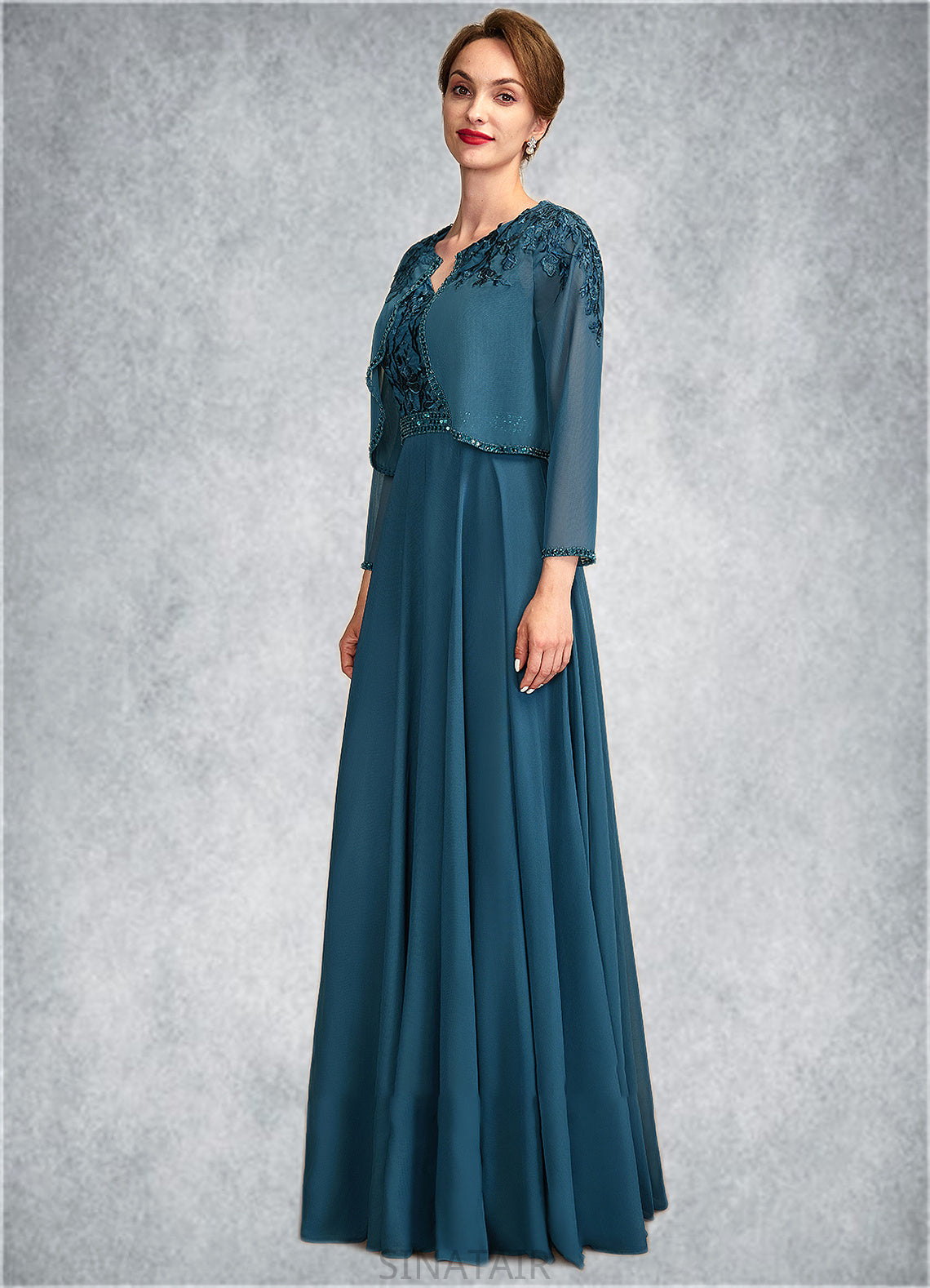 Averi A-Line V-neck Floor-Length Chiffon Lace Mother of the Bride Dress With Beading Sequins DH126P0015004