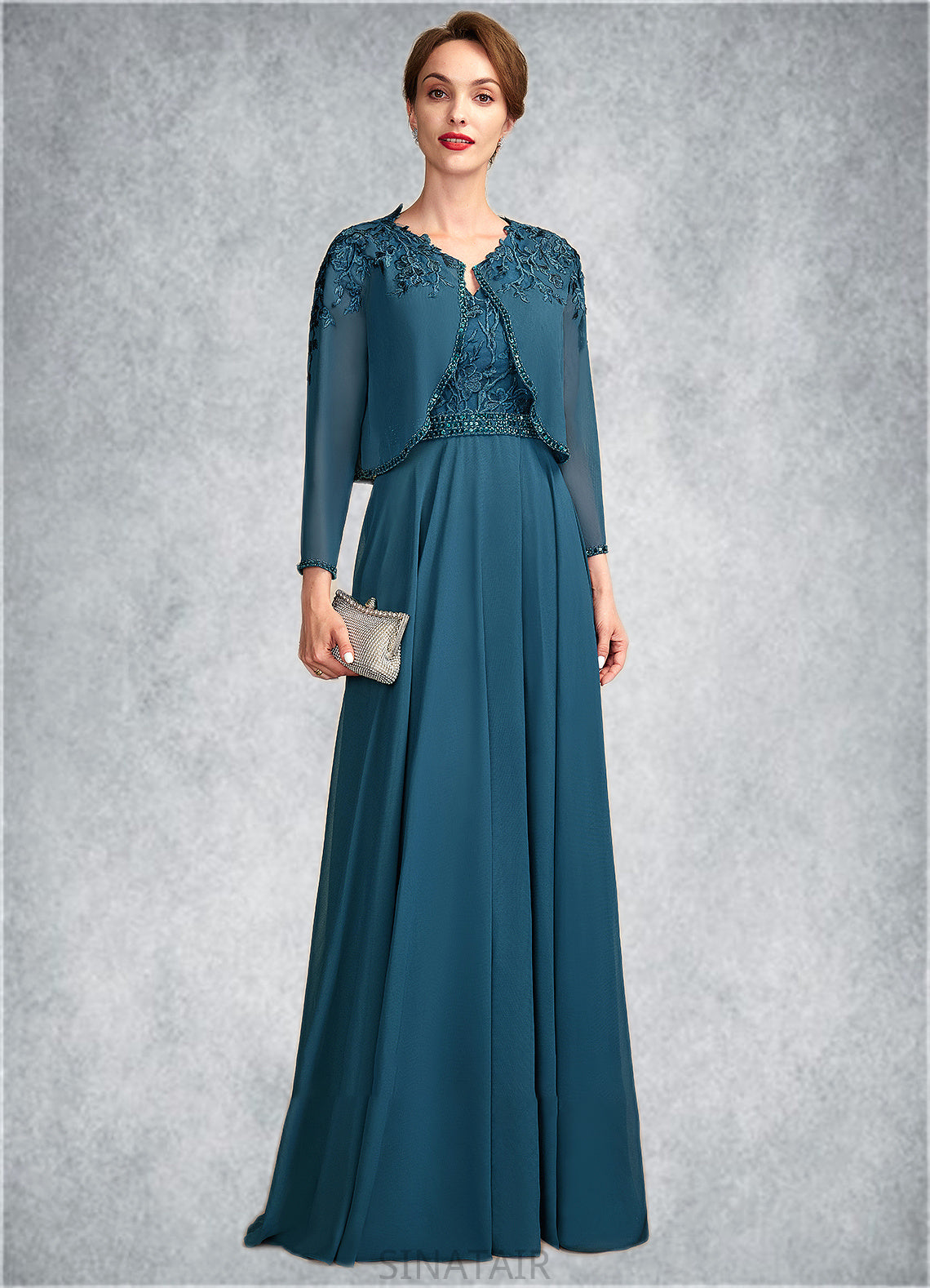 Averi A-Line V-neck Floor-Length Chiffon Lace Mother of the Bride Dress With Beading Sequins DH126P0015004