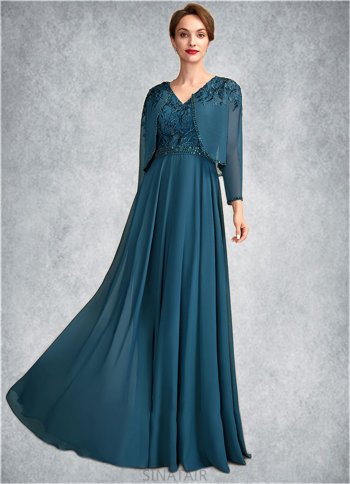 Averi A-Line V-neck Floor-Length Chiffon Lace Mother of the Bride Dress With Beading Sequins DH126P0015004