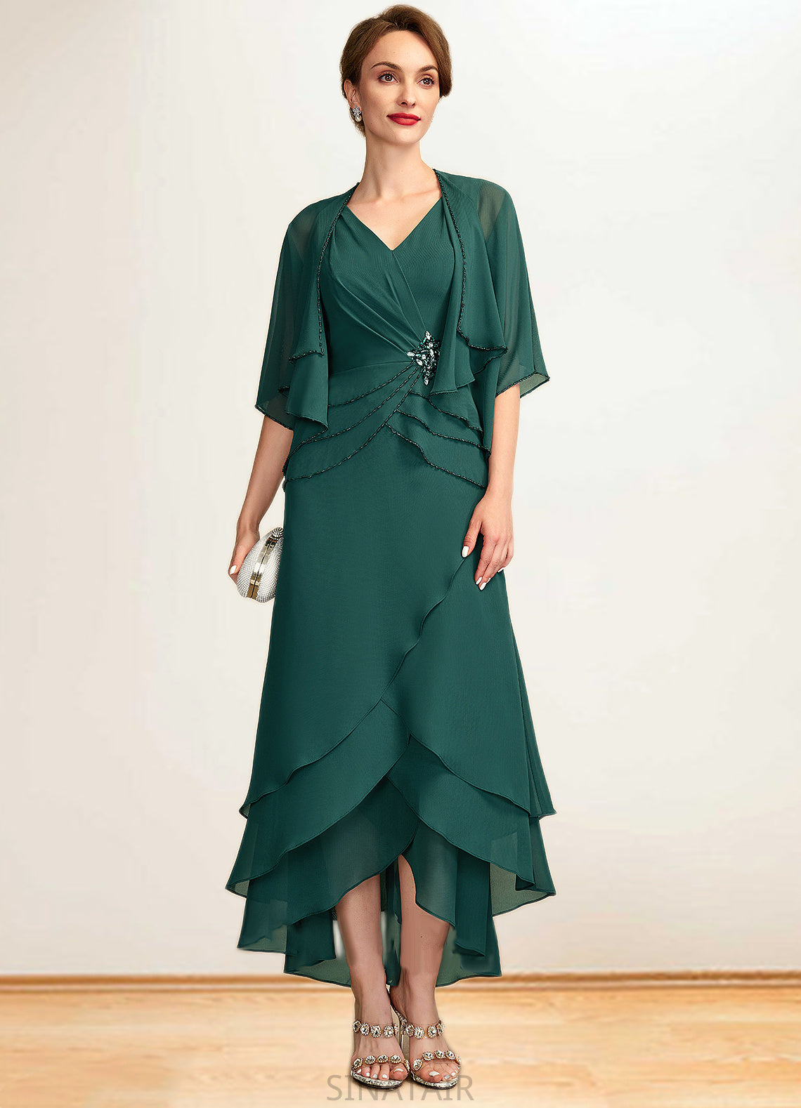 Sanaa A-Line V-neck Asymmetrical Chiffon Mother of the Bride Dress With Beading Sequins Cascading Ruffles DH126P0015005