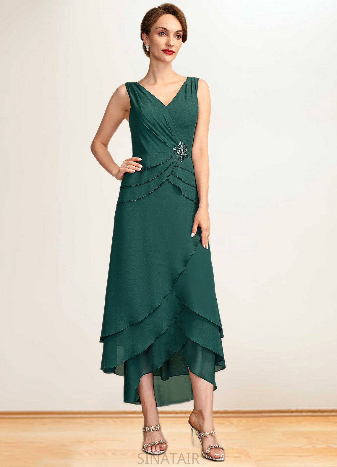 Sanaa A-Line V-neck Asymmetrical Chiffon Mother of the Bride Dress With Beading Sequins Cascading Ruffles DH126P0015005