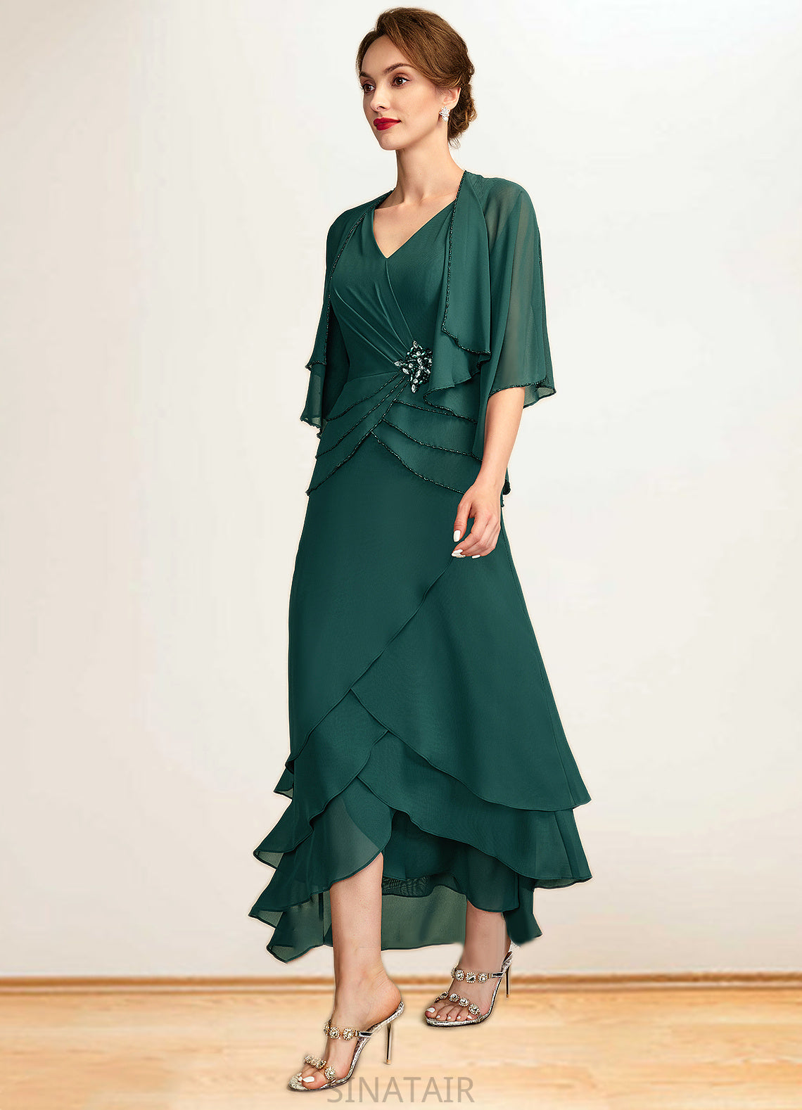 Sanaa A-Line V-neck Asymmetrical Chiffon Mother of the Bride Dress With Beading Sequins Cascading Ruffles DH126P0015005