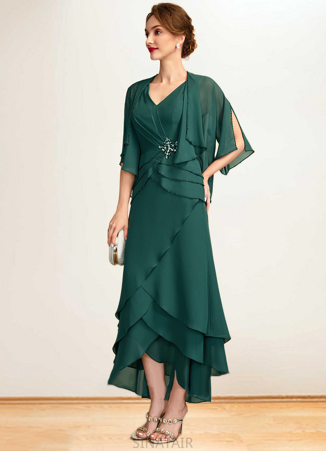 Sanaa A-Line V-neck Asymmetrical Chiffon Mother of the Bride Dress With Beading Sequins Cascading Ruffles DH126P0015005