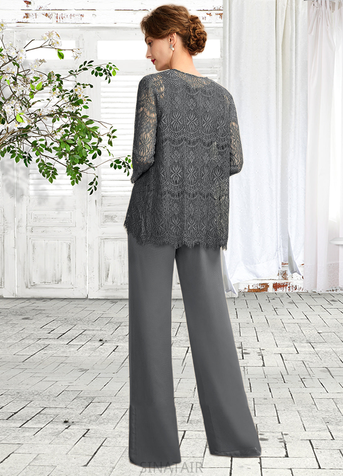 Sabrina Jumpsuit/Pantsuit Scoop Neck Floor-Length Chiffon Lace Mother of the Bride Dress DH126P0015006