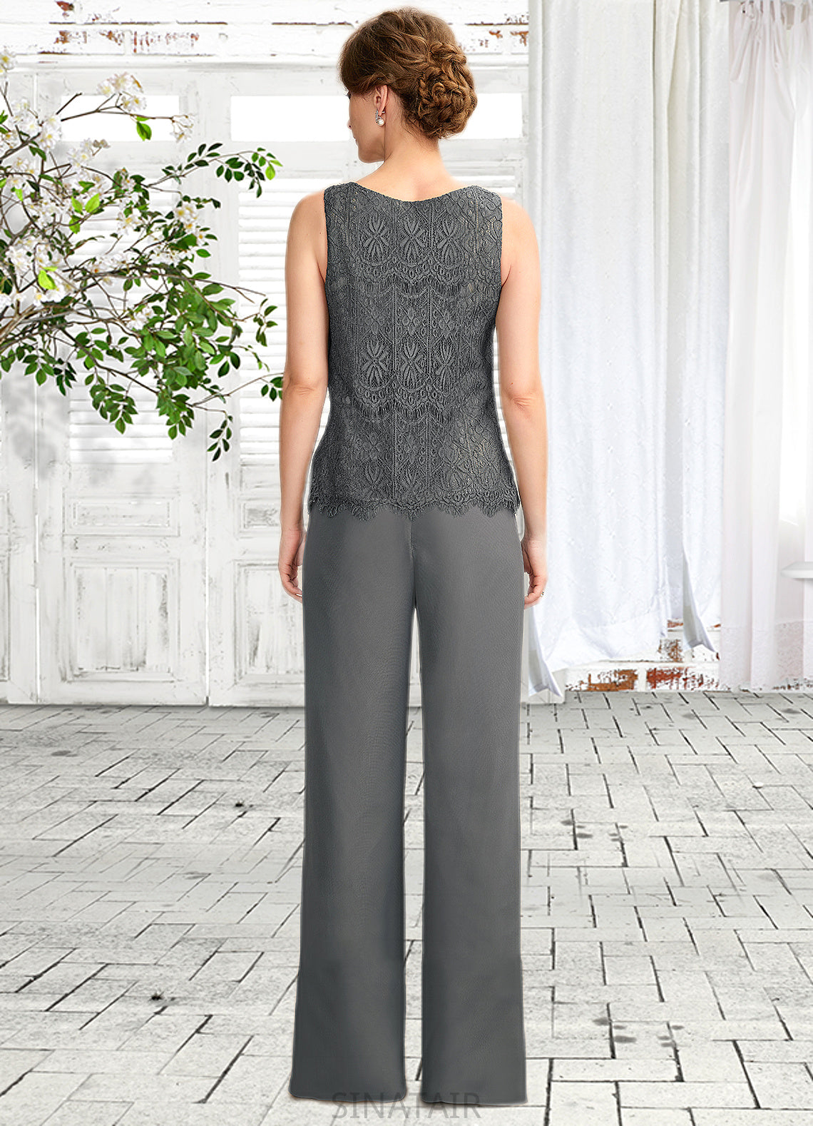 Sabrina Jumpsuit/Pantsuit Scoop Neck Floor-Length Chiffon Lace Mother of the Bride Dress DH126P0015006