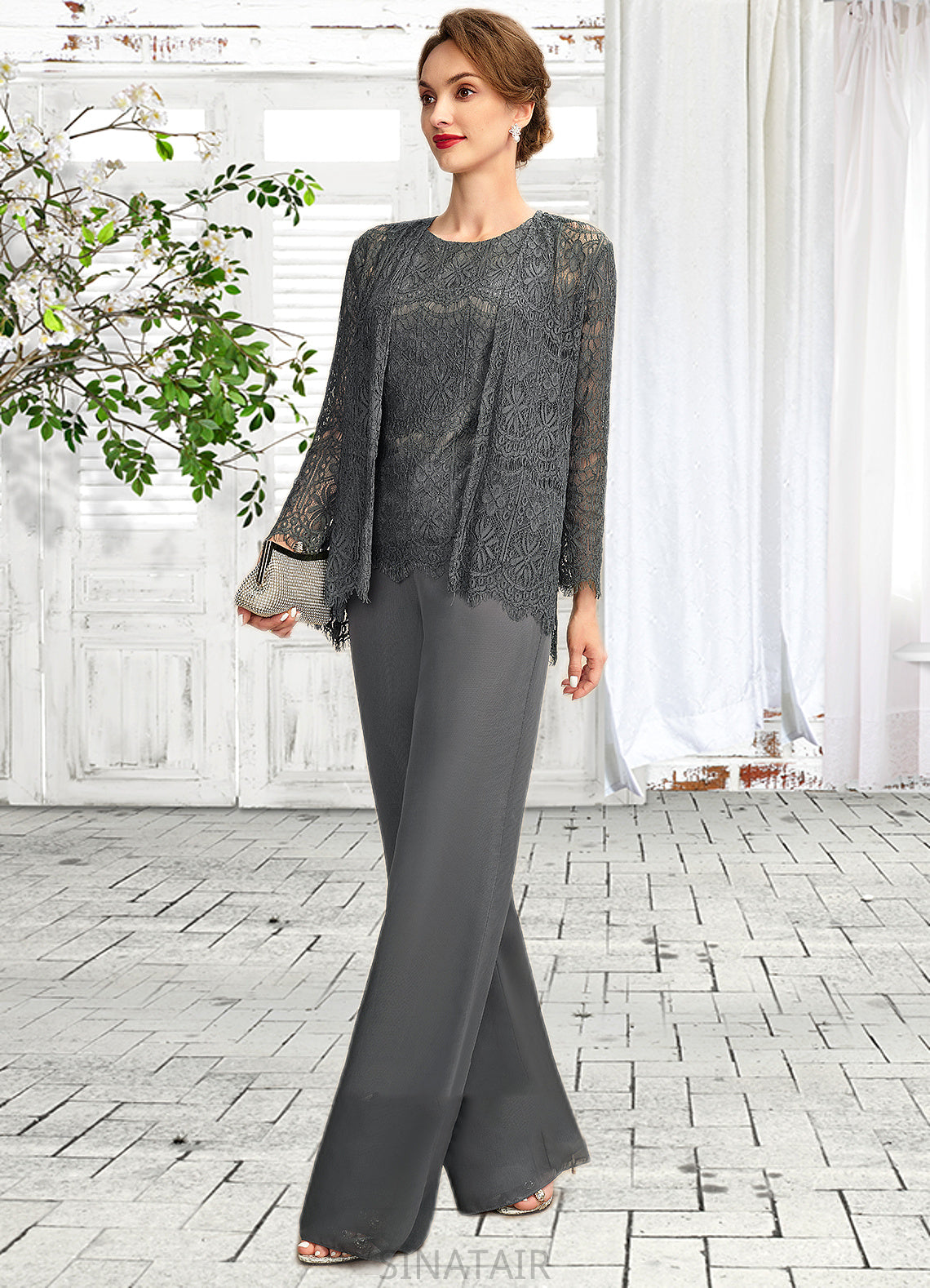 Sabrina Jumpsuit/Pantsuit Scoop Neck Floor-Length Chiffon Lace Mother of the Bride Dress DH126P0015006