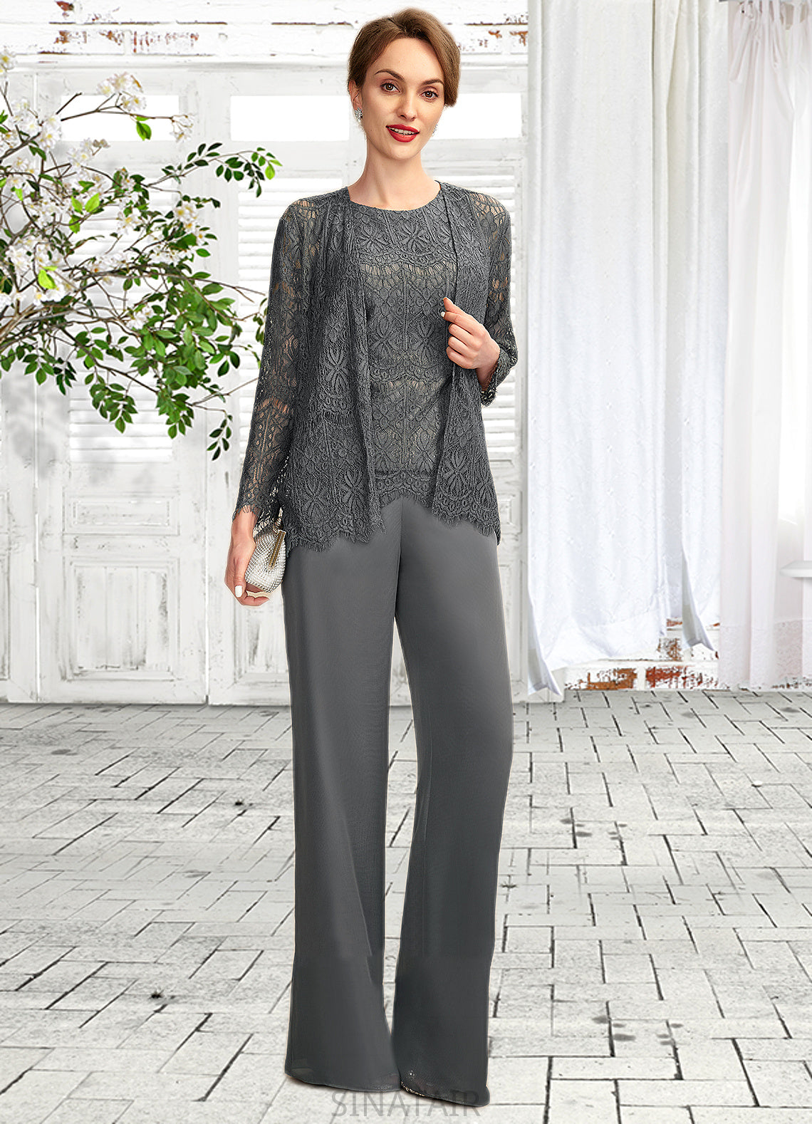 Sabrina Jumpsuit/Pantsuit Scoop Neck Floor-Length Chiffon Lace Mother of the Bride Dress DH126P0015006