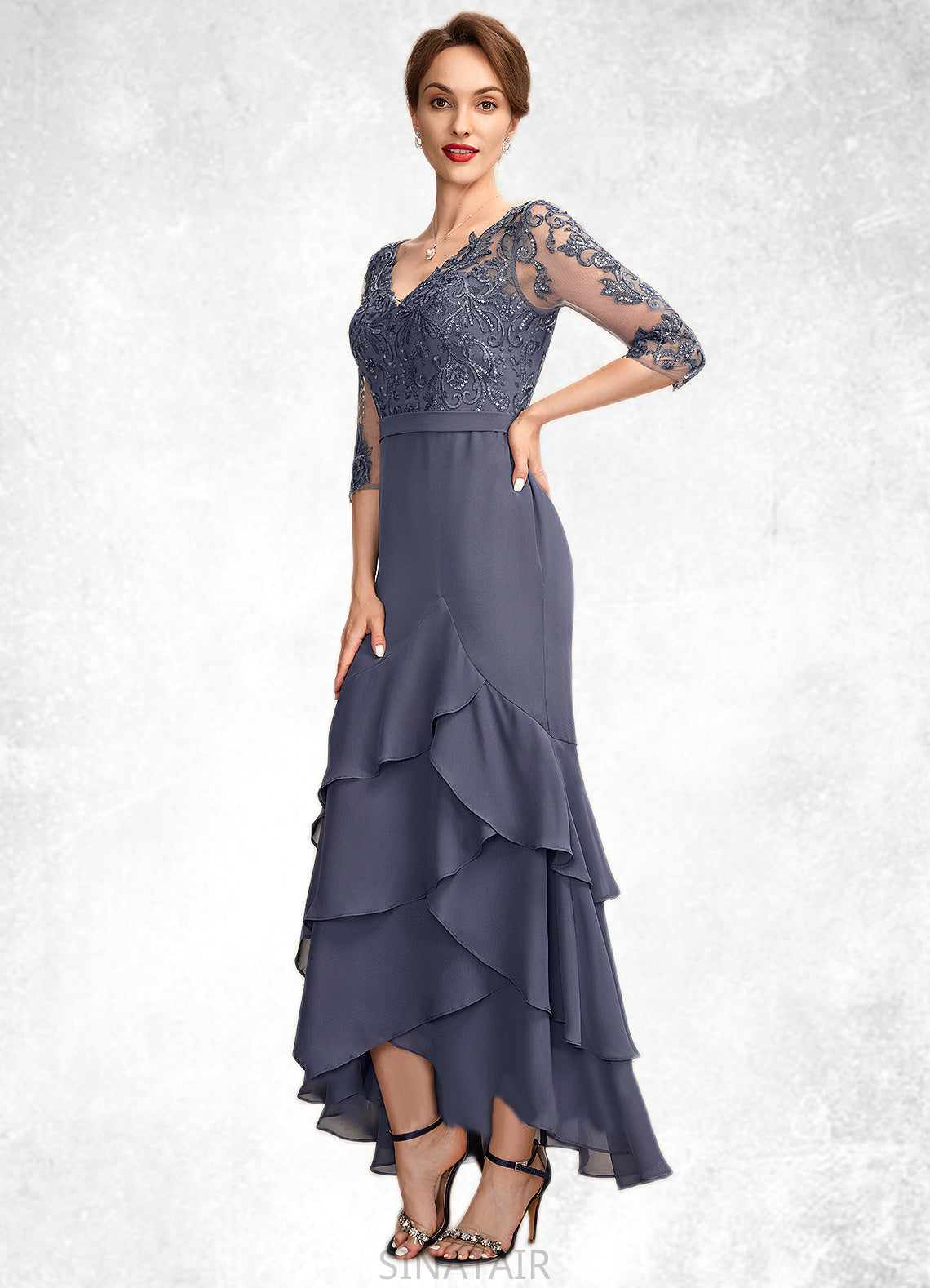 Haylie Trumpet/Mermaid V-neck Asymmetrical Chiffon Lace Mother of the Bride Dress With Sequins Cascading Ruffles DH126P0015007