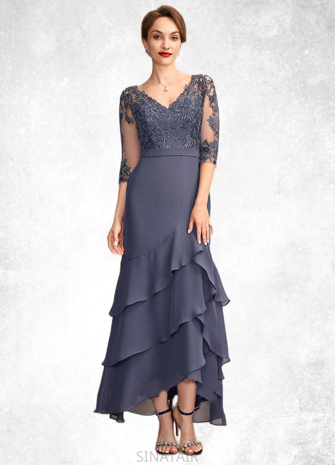 Haylie Trumpet/Mermaid V-neck Asymmetrical Chiffon Lace Mother of the Bride Dress With Sequins Cascading Ruffles DH126P0015007