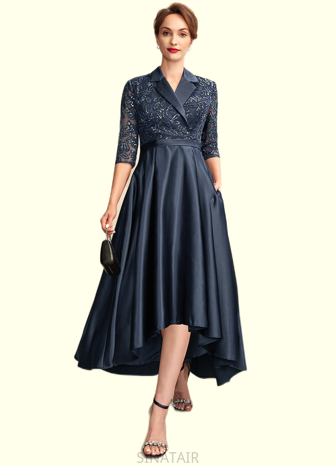 Sherry A-Line V-neck Asymmetrical Satin Lace Mother of the Bride Dress With Sequins Pockets DH126P0015008