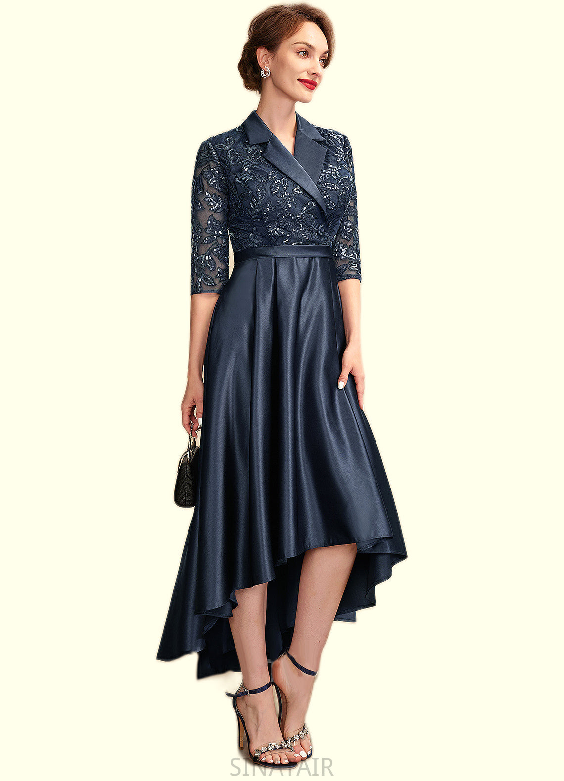 Sherry A-Line V-neck Asymmetrical Satin Lace Mother of the Bride Dress With Sequins Pockets DH126P0015008