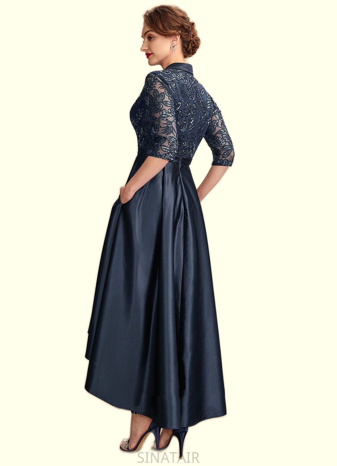 Sherry A-Line V-neck Asymmetrical Satin Lace Mother of the Bride Dress With Sequins Pockets DH126P0015008