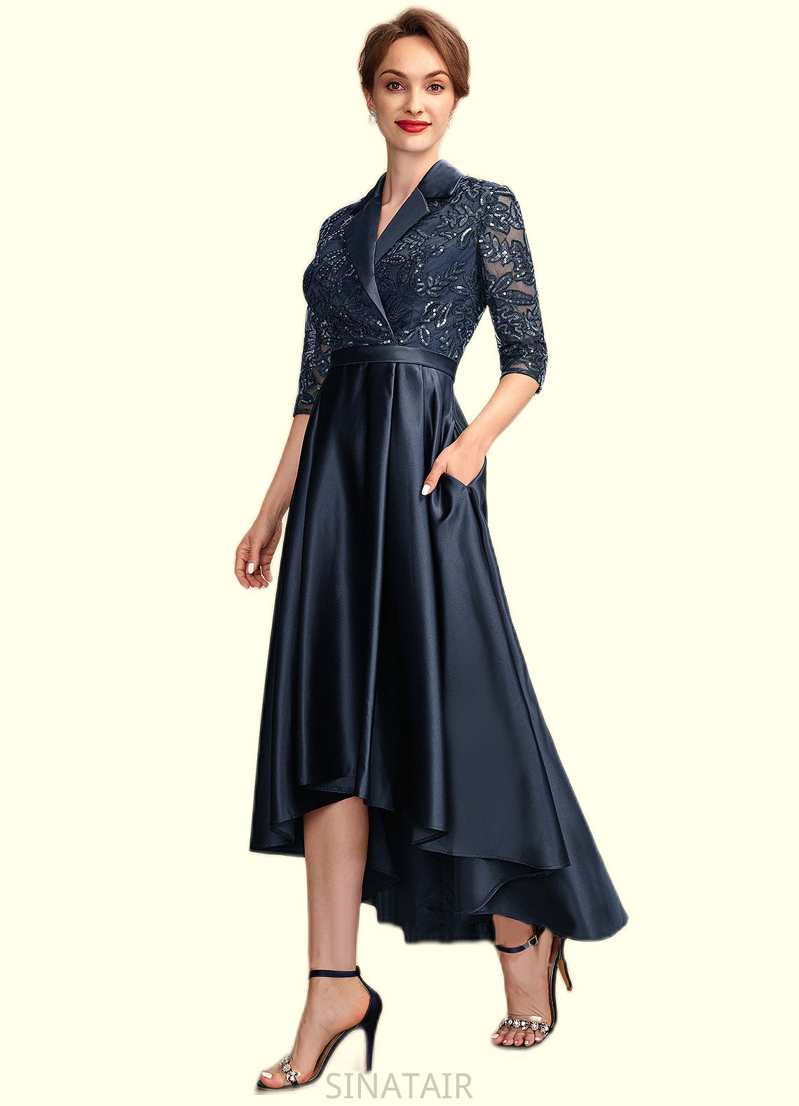 Sherry A-Line V-neck Asymmetrical Satin Lace Mother of the Bride Dress With Sequins Pockets DH126P0015008