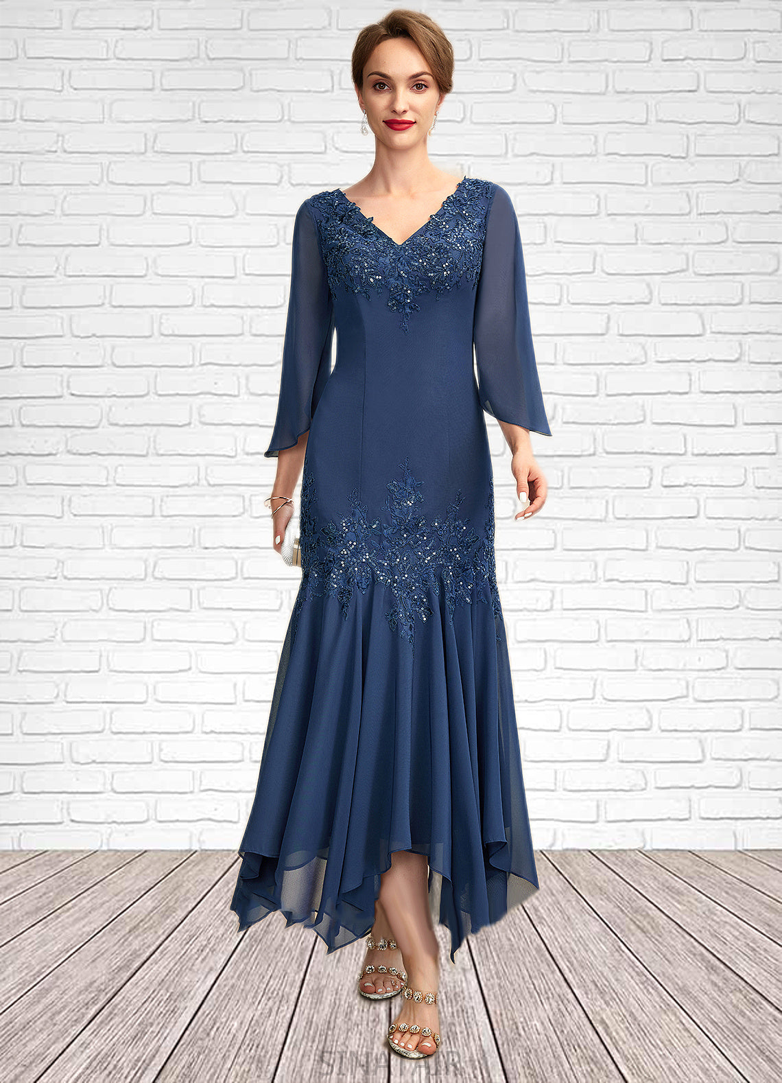 Summer Trumpet/Mermaid V-neck Ankle-Length Chiffon Mother of the Bride Dress With Appliques Lace Sequins DH126P0015009