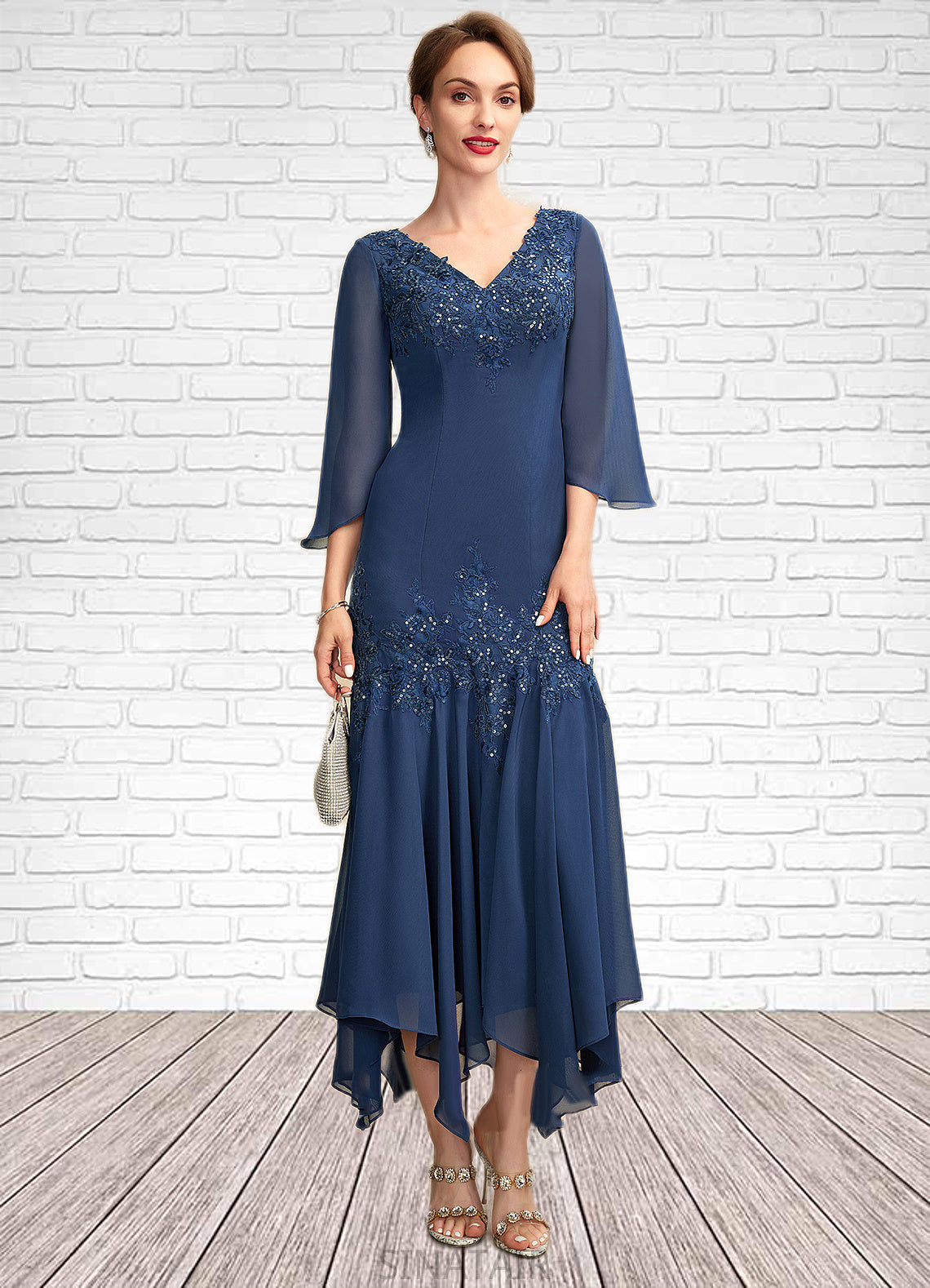 Summer Trumpet/Mermaid V-neck Ankle-Length Chiffon Mother of the Bride Dress With Appliques Lace Sequins DH126P0015009