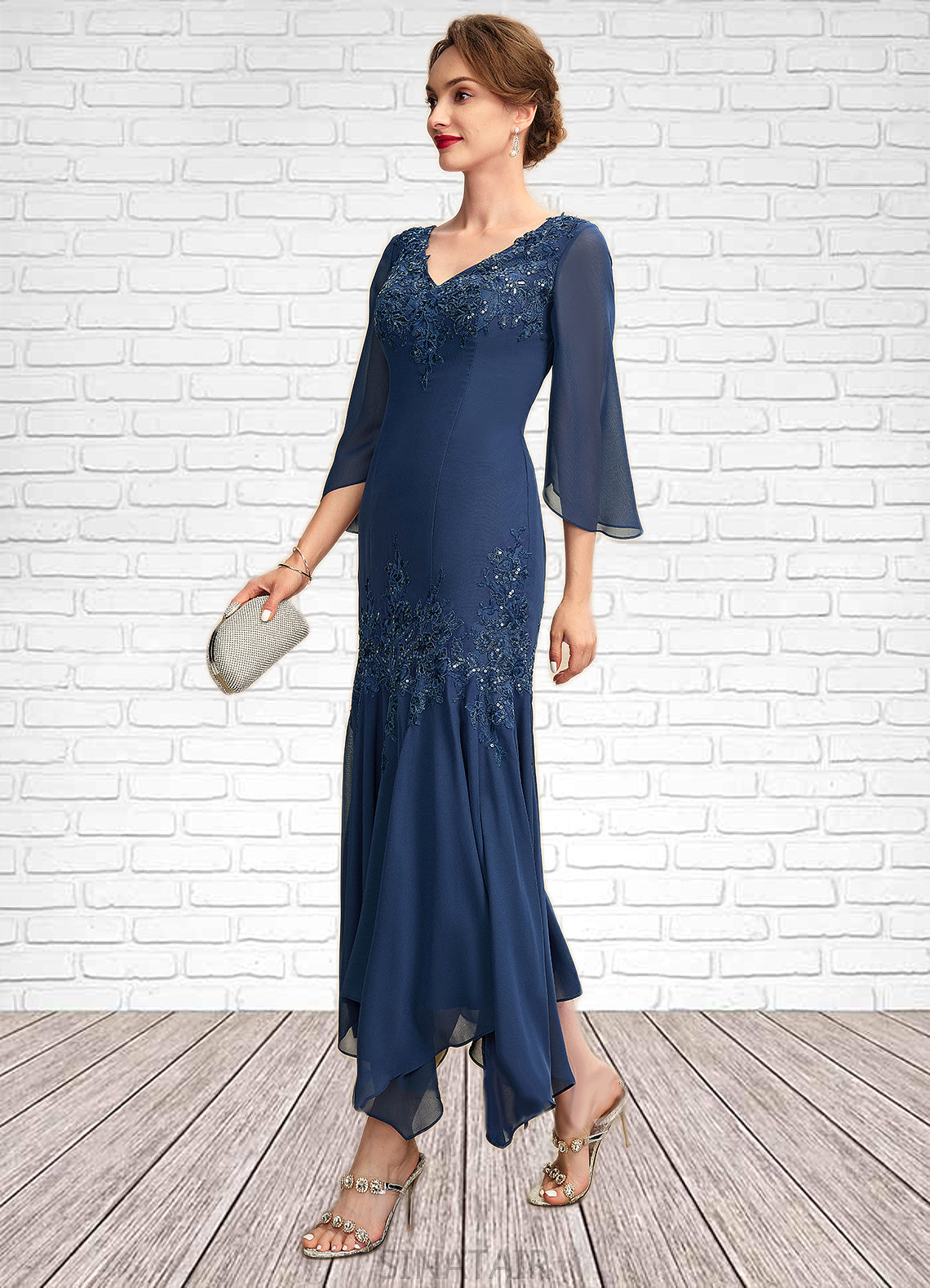 Summer Trumpet/Mermaid V-neck Ankle-Length Chiffon Mother of the Bride Dress With Appliques Lace Sequins DH126P0015009