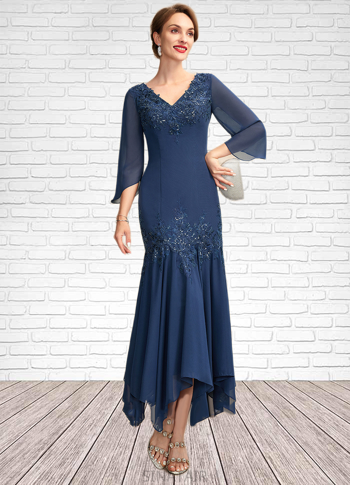 Summer Trumpet/Mermaid V-neck Ankle-Length Chiffon Mother of the Bride Dress With Appliques Lace Sequins DH126P0015009