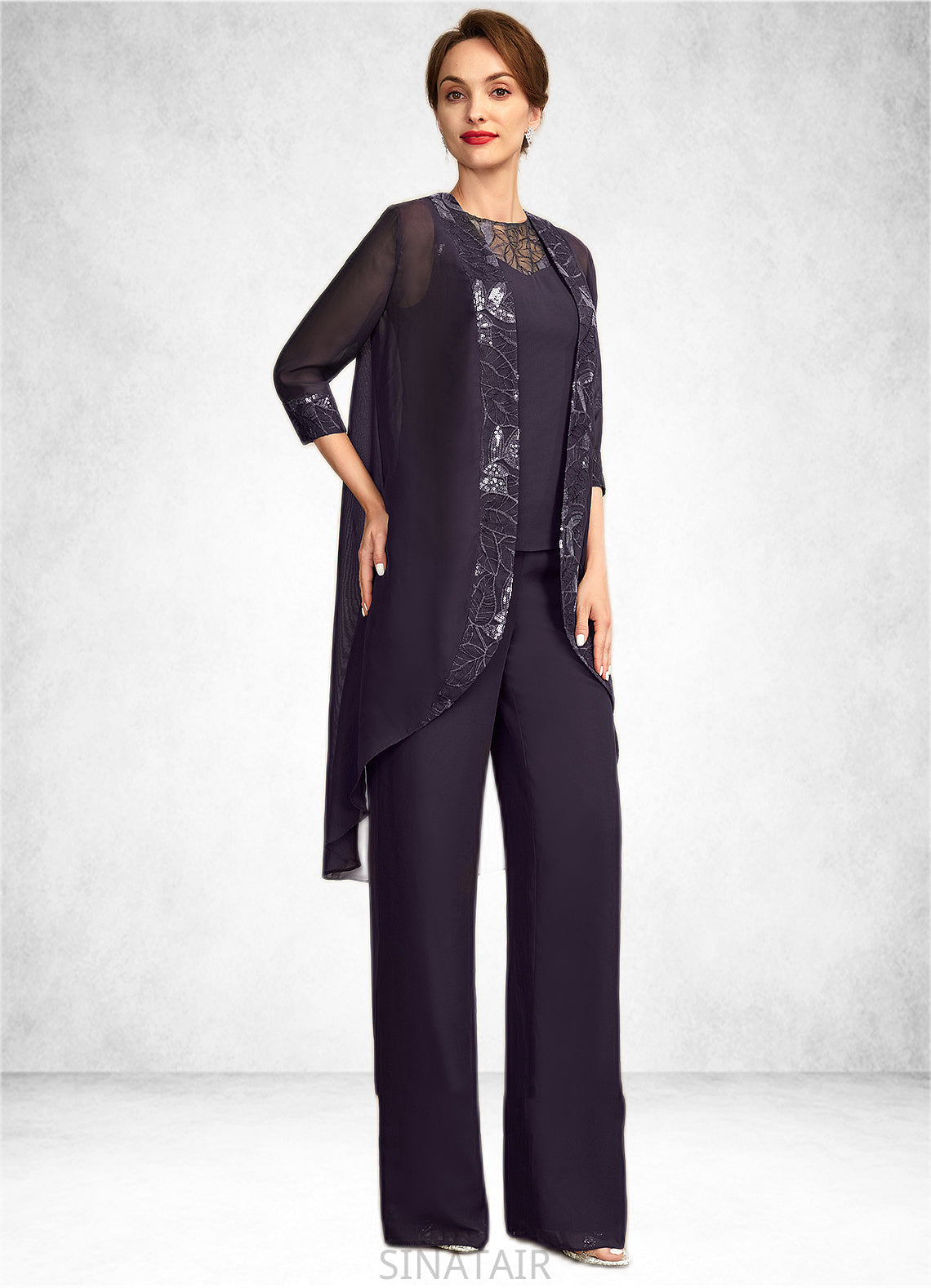 Vera Jumpsuit/Pantsuit Scoop Neck Floor-Length Chiffon Lace Mother of the Bride Dress With Sequins DH126P0015010