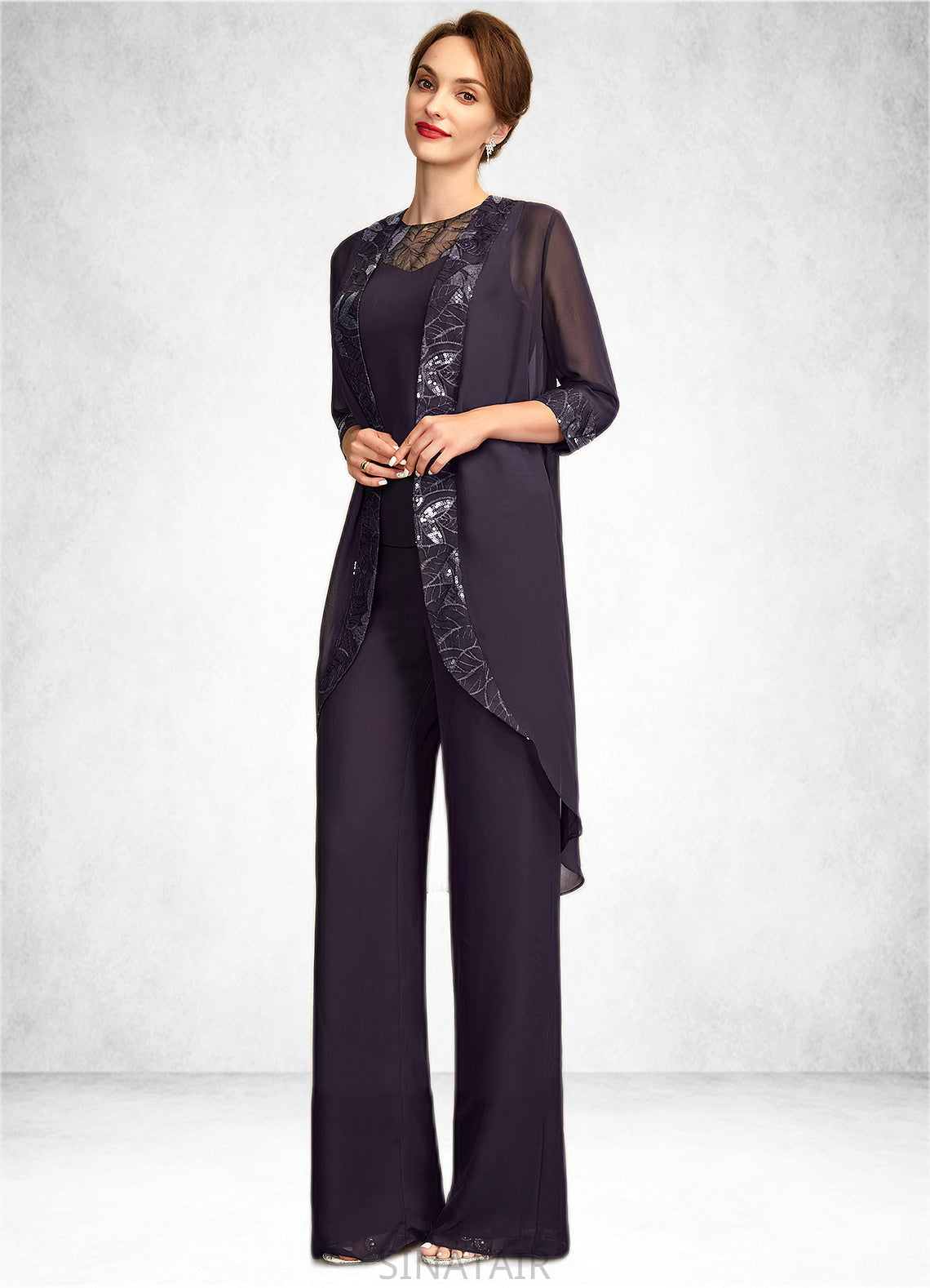 Vera Jumpsuit/Pantsuit Scoop Neck Floor-Length Chiffon Lace Mother of the Bride Dress With Sequins DH126P0015010