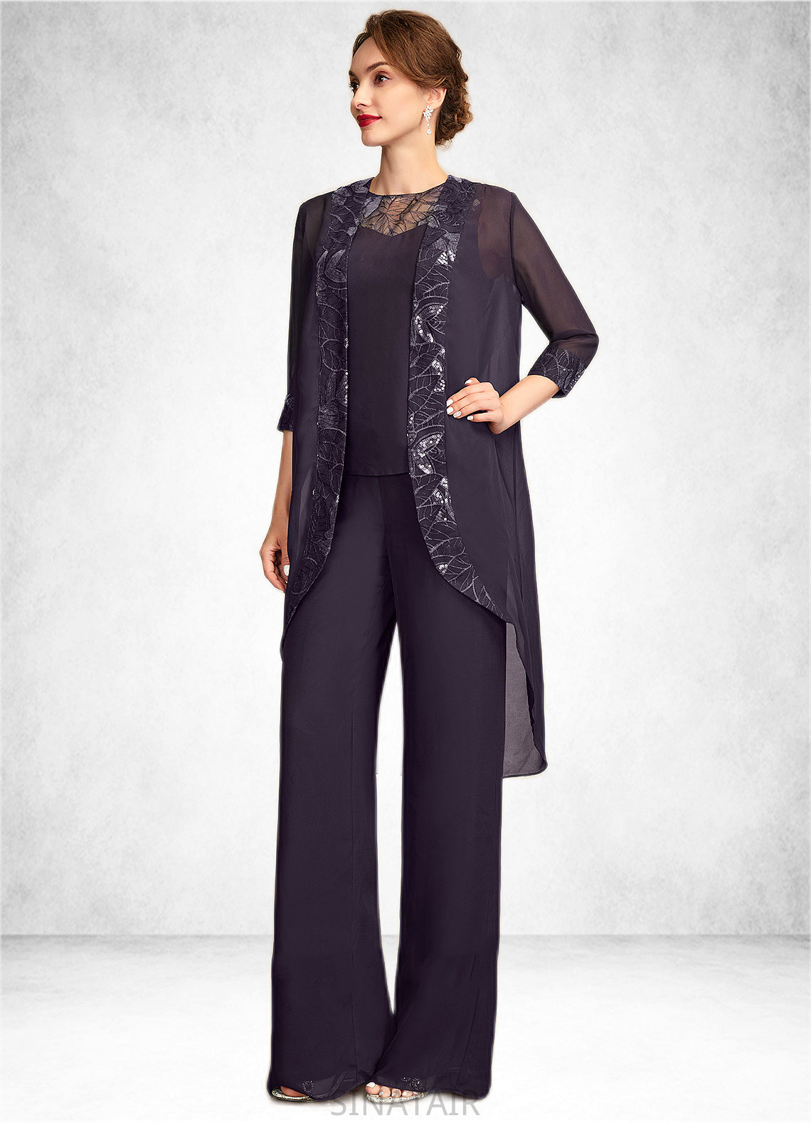 Vera Jumpsuit/Pantsuit Scoop Neck Floor-Length Chiffon Lace Mother of the Bride Dress With Sequins DH126P0015010