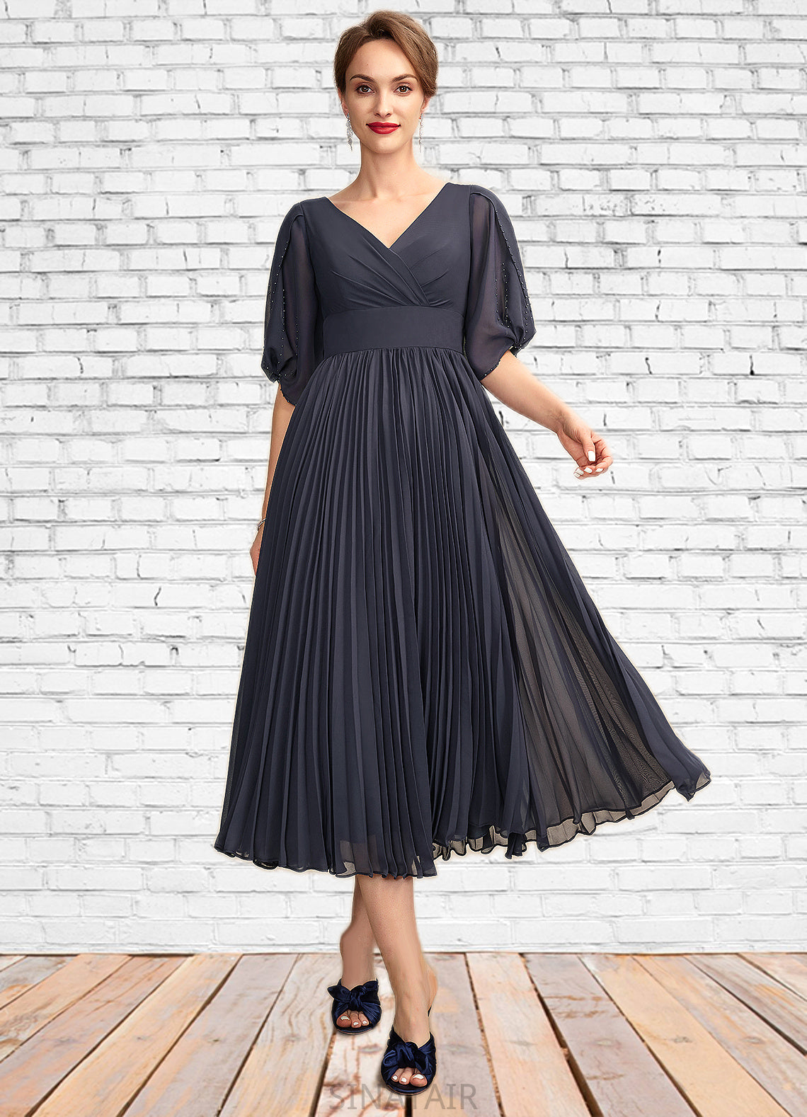 Macy A-Line V-neck Tea-Length Chiffon Mother of the Bride Dress With Pleated DH126P0015012