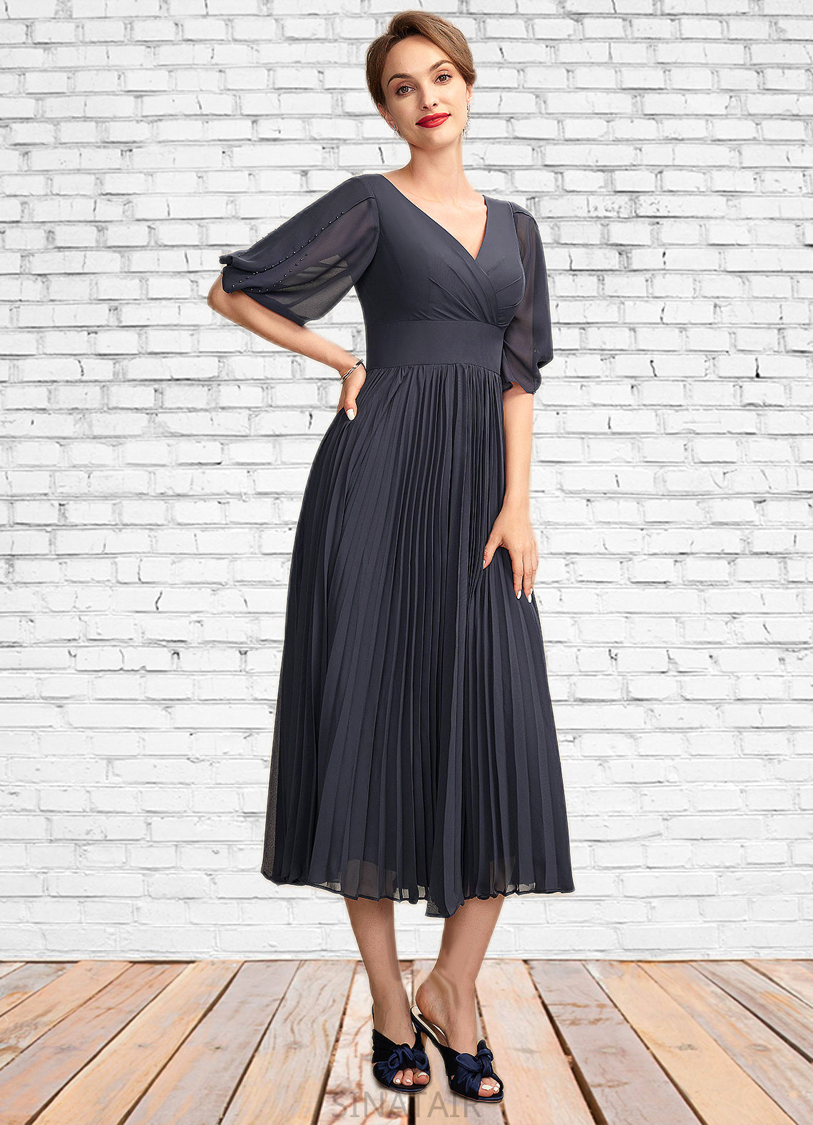 Macy A-Line V-neck Tea-Length Chiffon Mother of the Bride Dress With Pleated DH126P0015012