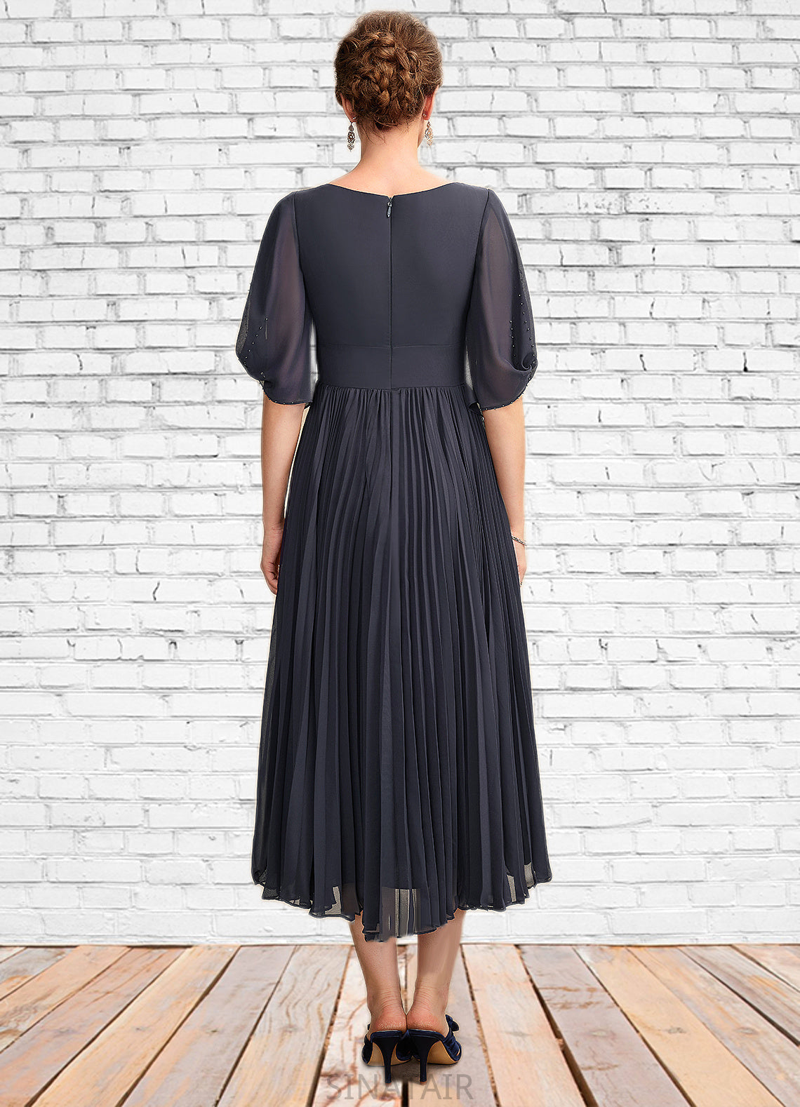 Macy A-Line V-neck Tea-Length Chiffon Mother of the Bride Dress With Pleated DH126P0015012