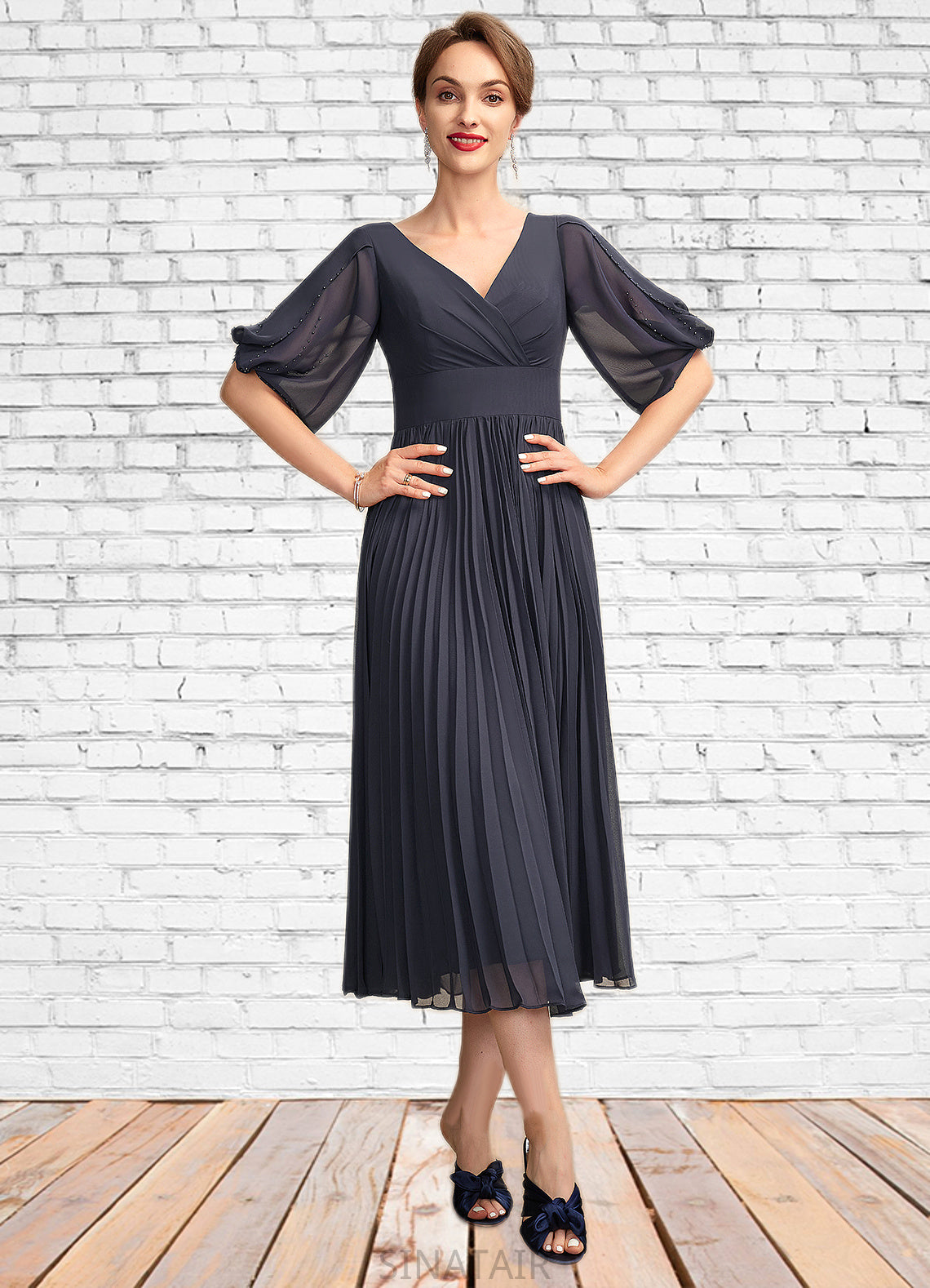 Macy A-Line V-neck Tea-Length Chiffon Mother of the Bride Dress With Pleated DH126P0015012