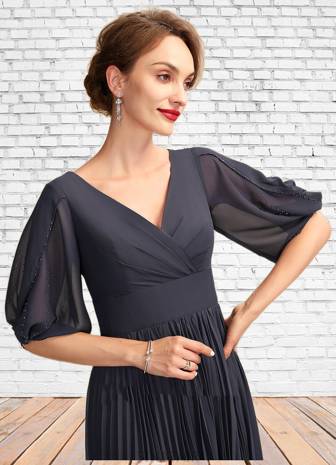 Macy A-Line V-neck Tea-Length Chiffon Mother of the Bride Dress With Pleated DH126P0015012