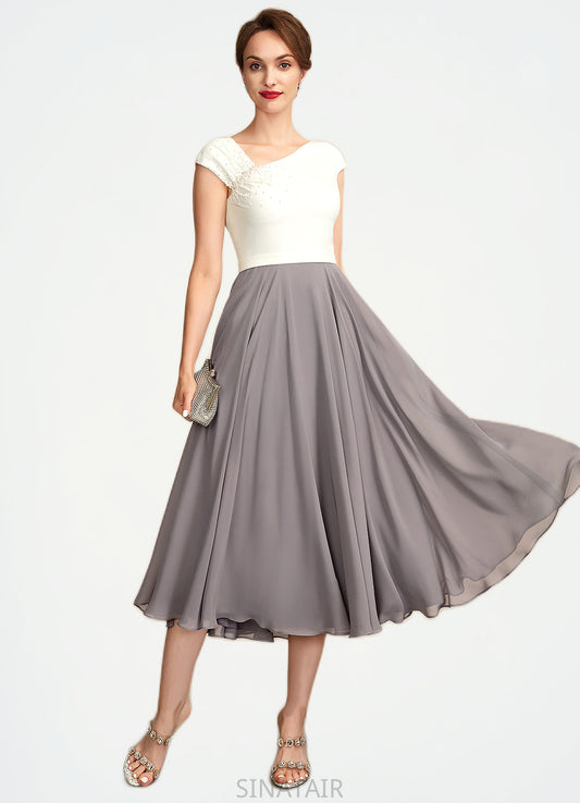 Hazel A-Line V-neck Tea-Length Chiffon Mother of the Bride Dress With Ruffle Beading Sequins DH126P0015016