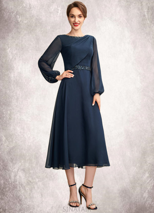 Kim A-Line Scoop Neck Tea-Length Chiffon Mother of the Bride Dress With Beading Sequins DH126P0015018