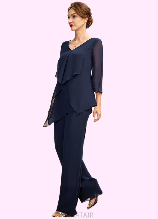 Kay Jumpsuit/Pantsuit V-neck Floor-Length Chiffon Mother of the Bride Dress With Cascading Ruffles DH126P0015019