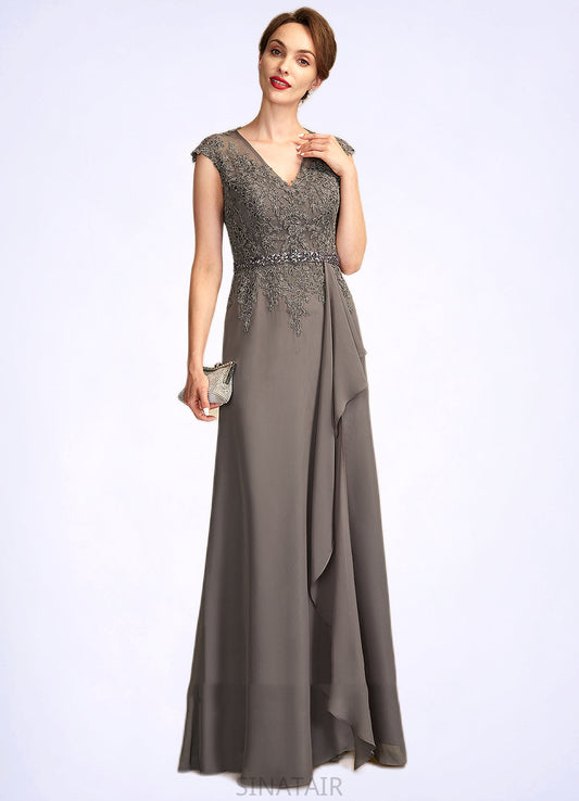 Virginia A-Line V-neck Floor-Length Chiffon Lace Mother of the Bride Dress With Beading Sequins Cascading Ruffles DH126P0015030