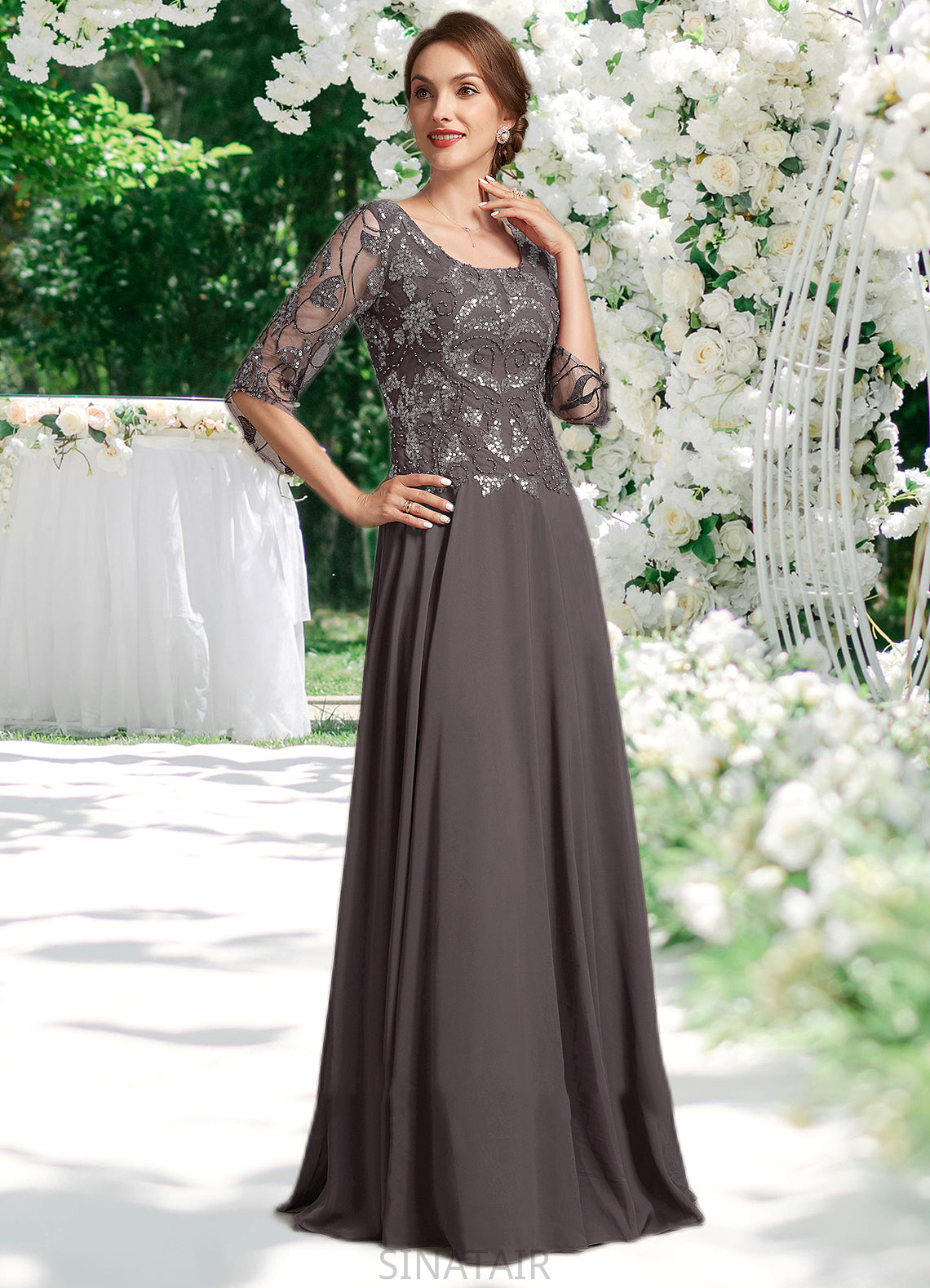 Isabelle A-Line Scoop Neck Floor-Length Chiffon Lace Mother of the Bride Dress With Beading Sequins DH126P0015036