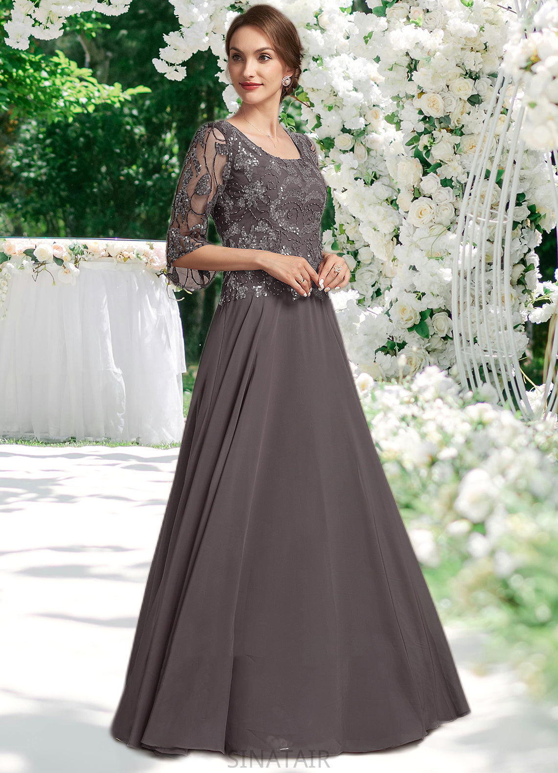 Isabelle A-Line Scoop Neck Floor-Length Chiffon Lace Mother of the Bride Dress With Beading Sequins DH126P0015036