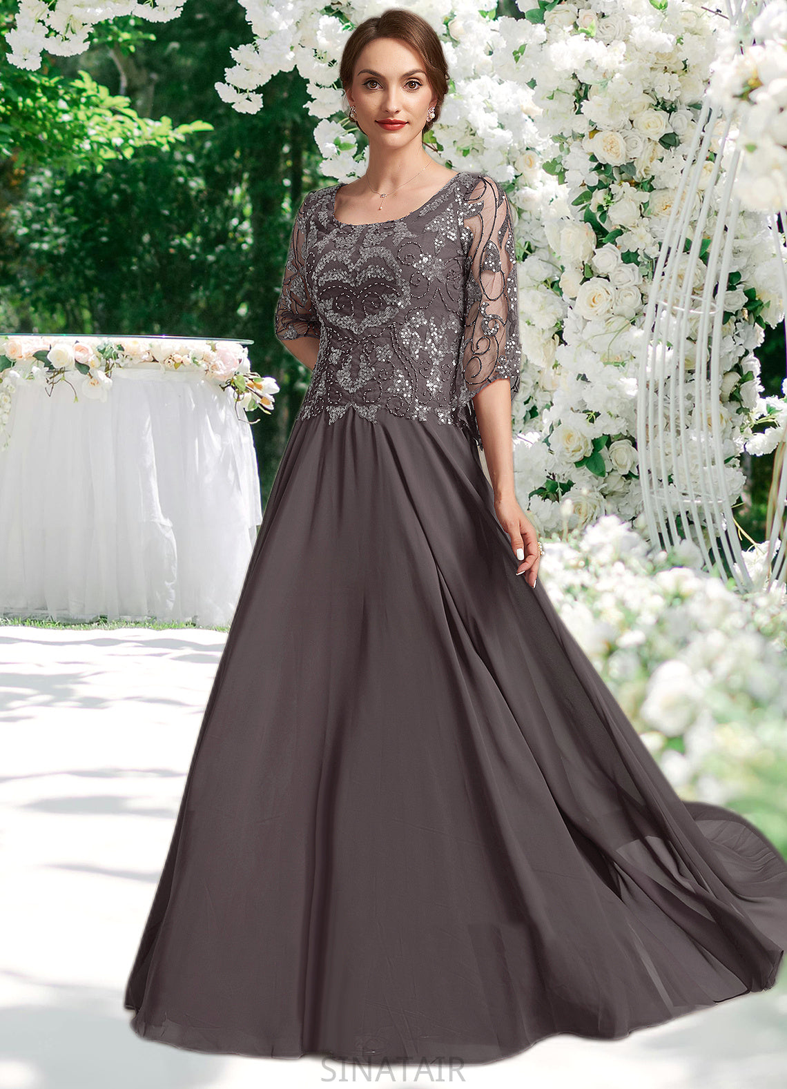 Isabelle A-Line Scoop Neck Floor-Length Chiffon Lace Mother of the Bride Dress With Beading Sequins DH126P0015036