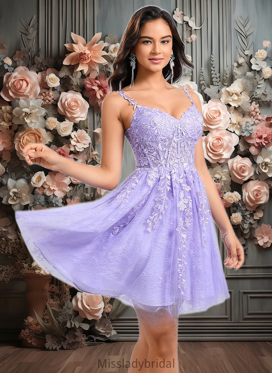 Camille A-line V-Neck Short Tulle Lace Homecoming Dress DHP0025640