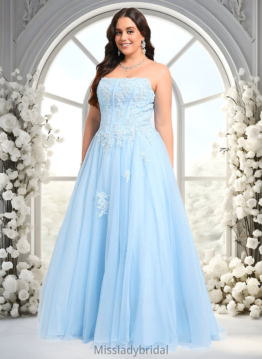 Henrietta Ball-Gown/Princess Straight Sweep Train Tulle Prom Dresses With Sequins Appliques Lace DHP0025864