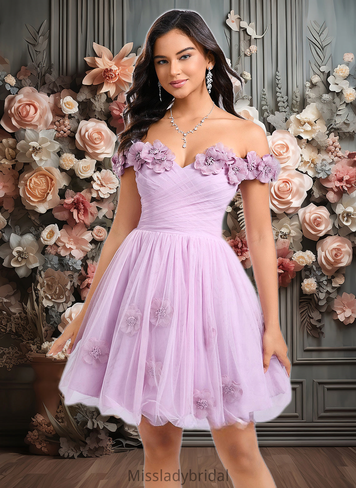 Janet Ball-Gown/Princess Off the Shoulder Short Tulle Homecoming Dress With Pleated Flower DHP0025668