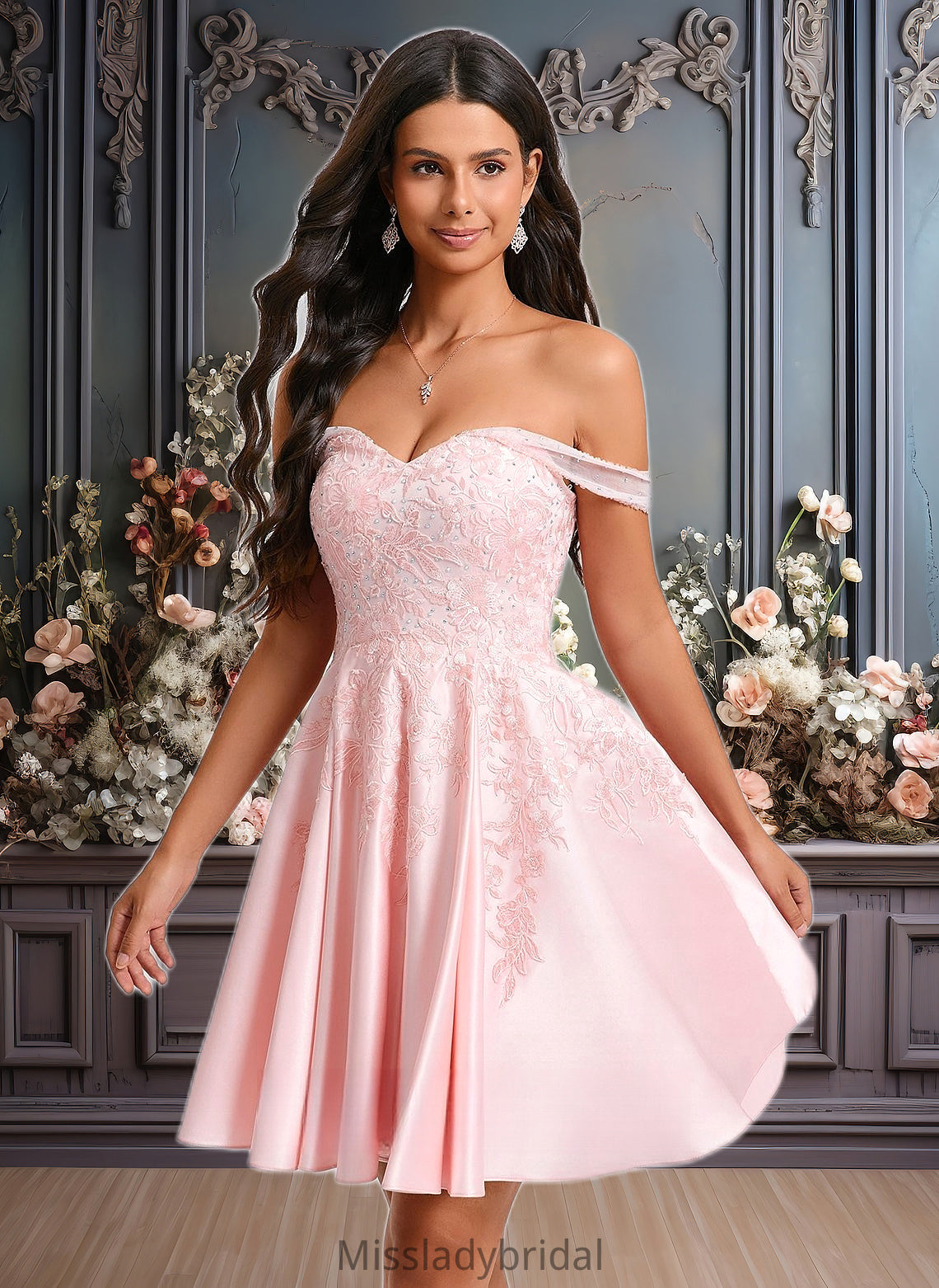 Jane A-line Off the Shoulder Short Satin Homecoming Dress With Rhinestone Beading Appliques Lace DHP0025679