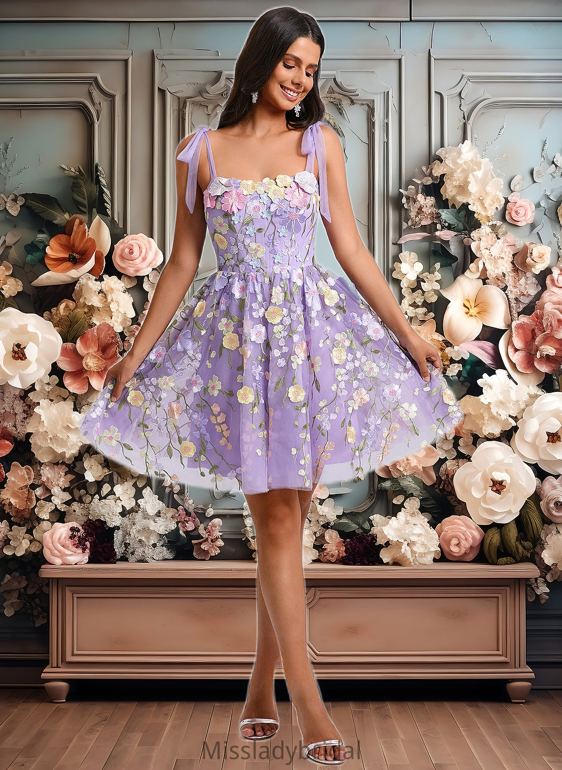 Joan A-line Scoop Short Floral Lace Homecoming Dress With Bow 3D Floral DHP0025695