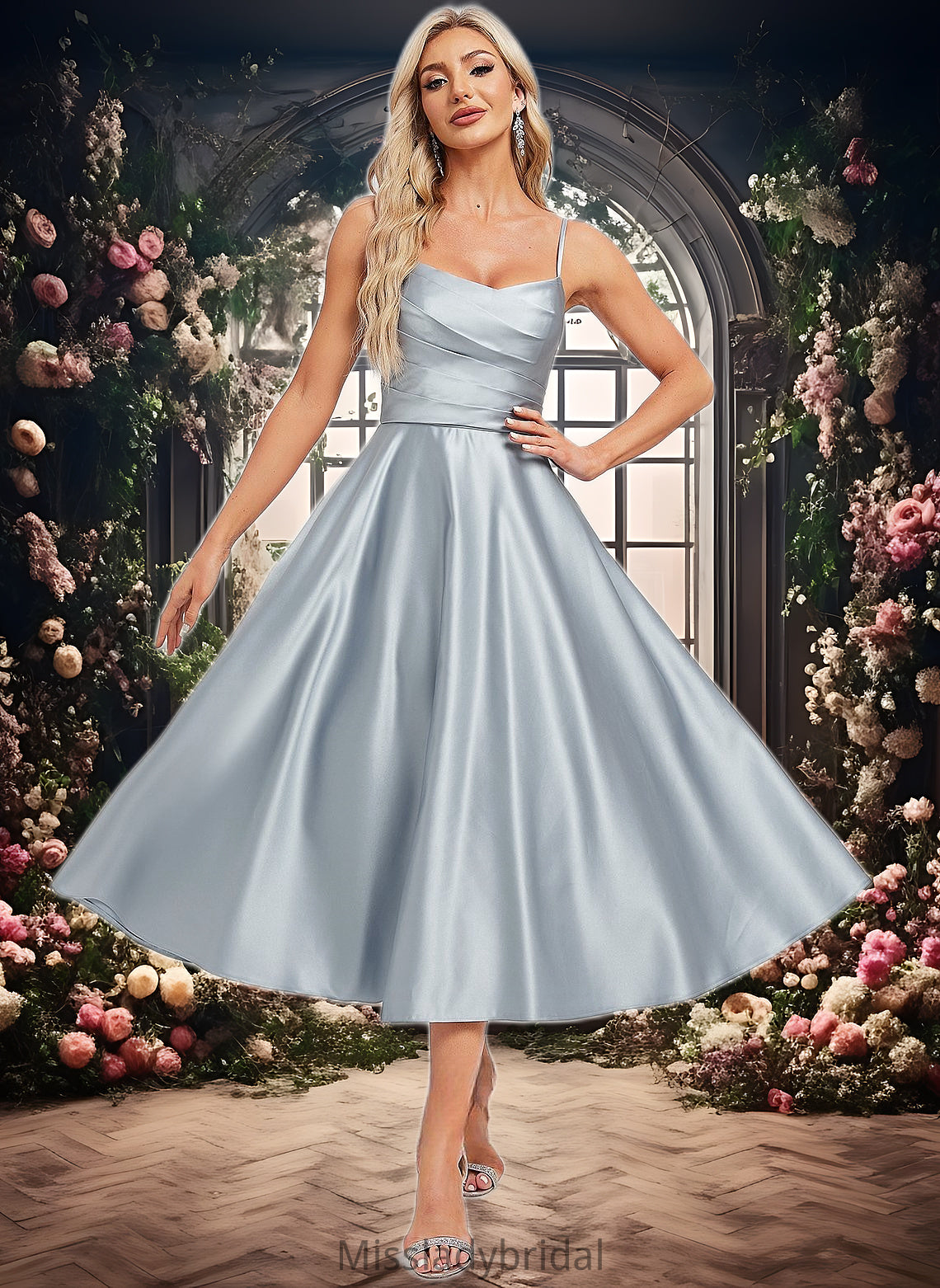 Baylee A-line V-Neck Tea-Length Satin Bridesmaid Dress DHP0025794