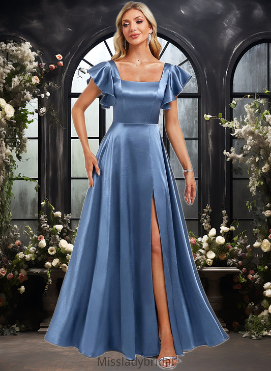 Vivien A-line Square Floor-Length Stretch Satin Bridesmaid Dress With Ruffle DHP0025769