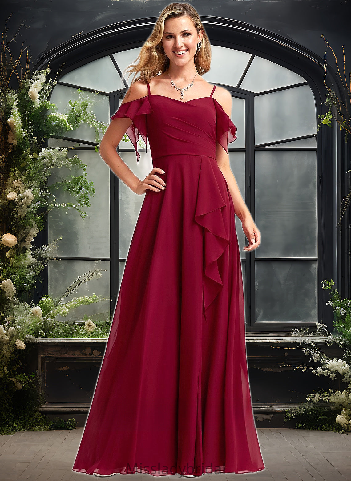 Emery A-line Cold Shoulder Floor-Length Chiffon Bridesmaid Dress With Ruffle DHP0025755