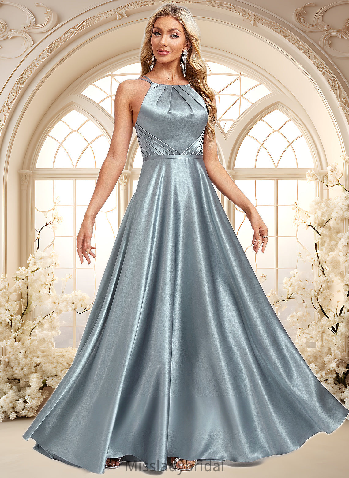 Jayden A-line Halter Floor-Length Stretch Satin Bridesmaid Dress DHP0025783