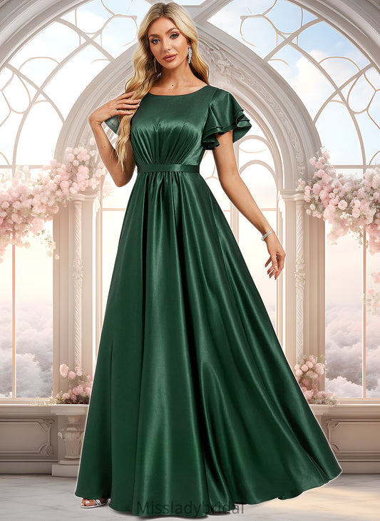 Rita A-line Scoop Floor-Length Stretch Satin Bridesmaid Dress With Ruffle DHP0025770