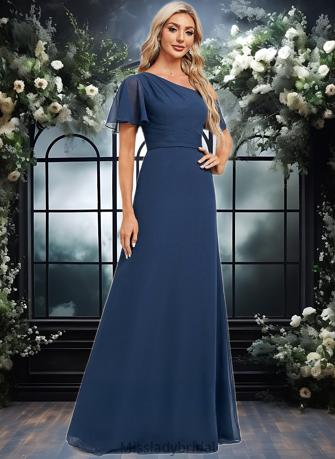 Lea A-line Asymmetrical Floor-Length Chiffon Bridesmaid Dress With Ruffle DHP0025801