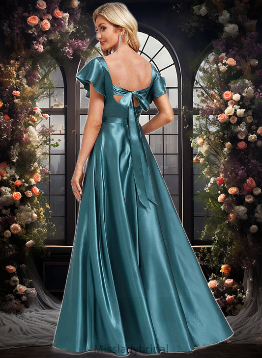 Renee A-line V-Neck Floor-Length Stretch Satin Bridesmaid Dress With Ruffle DHP0025780