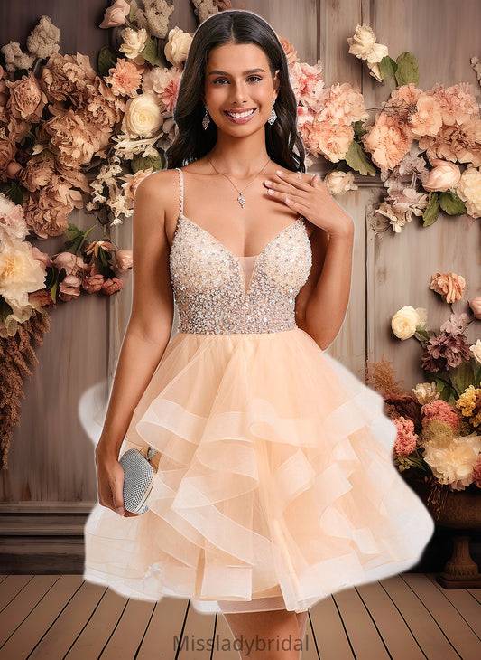 Jazmine Ball-Gown/Princess V-Neck Short Tulle Homecoming Dress With Beading Sequins DHP0025646