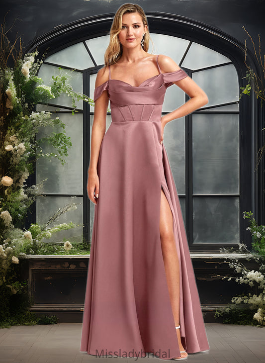 Pru A-line Cold Shoulder Floor-Length Satin Bridesmaid Dress DHP0025750